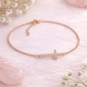 NEW .11CTW VVS1 D Moissanite Cross Bracelet, Rose Gold 925 Sterling Silver 7”-9”